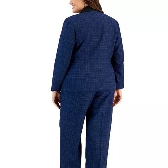 Le Suit Plus Size 20 Contrast-Collar Windowpane Check Jacket Celeste Blue Multi - Picture 3 of 10